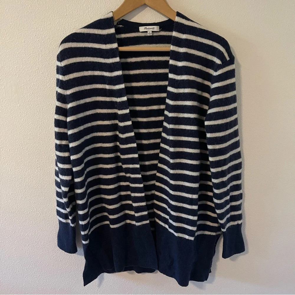 Madewell Cozy Walker Merino Wool Alpaca Open Long Cardigan Navy White Stripe-S